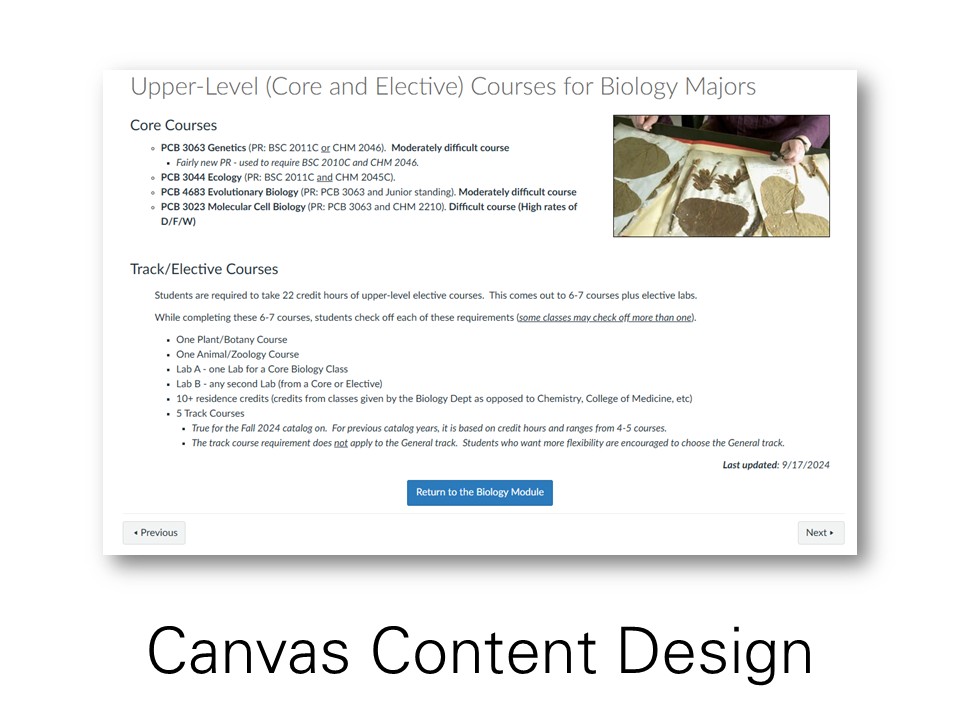 Biology major upper-level requirements breakdown within advisor training course